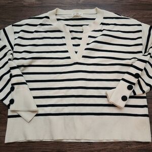 Striped V-Neck Sweater with Button Accents